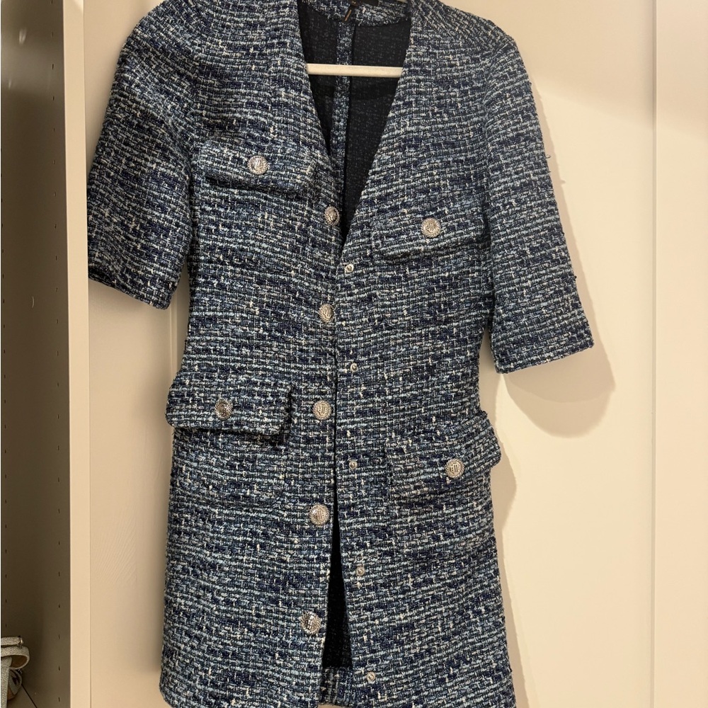 Maje Make Front Classic Preppy Rollye Knit Blue Dress Tweed Size 34 - Picture 4 of 9